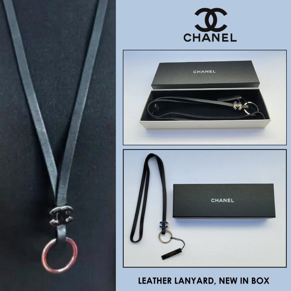 CHANEL black leather lanyard, silver & black CC new with tags in box for keys
